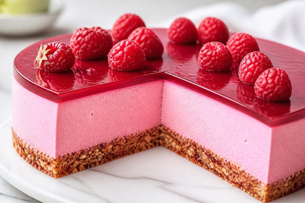 découvrez l'entremet framboise, une harmonie parfaite entre la douceur acidulée des fruits rouges et une texture fondante qui ravira vos papilles.