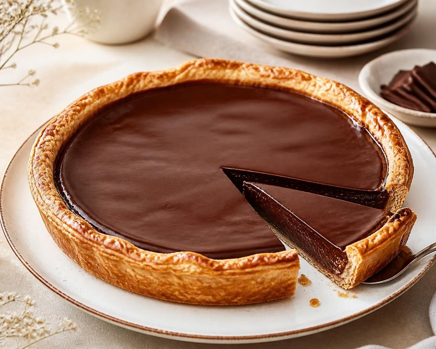 découvrez la tarte au chocolat avec pâte feuilletée, une alliance parfaite de croustillant et de gourmandise pour un dessert irrésistible à partager en famille ou entre amis.