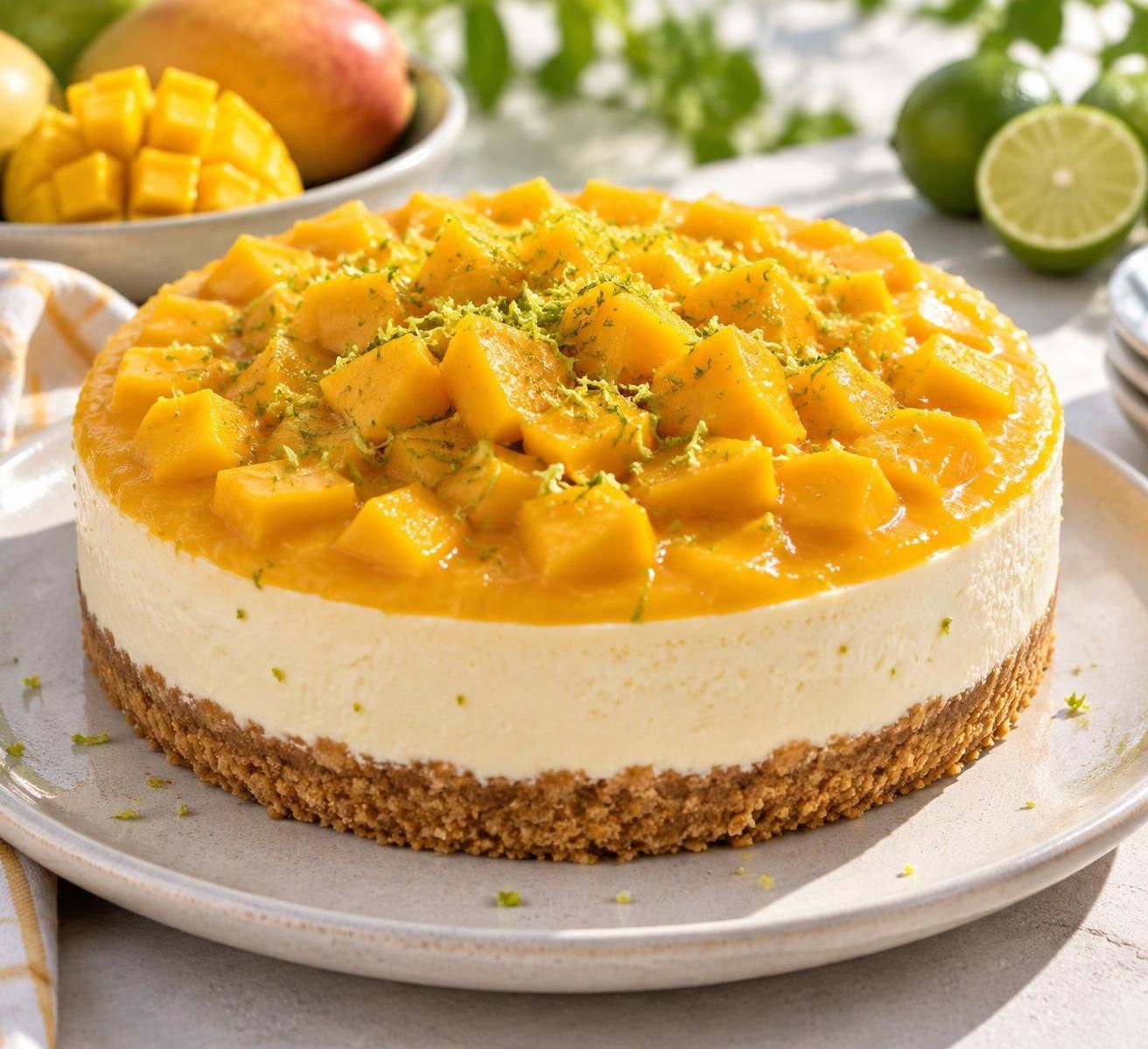 craquez pour un cheesecake à la mangue, frais et léger : une alliance gourmande de douceur fruitée et de crémeux, idéale pour terminer le repas en beauté.