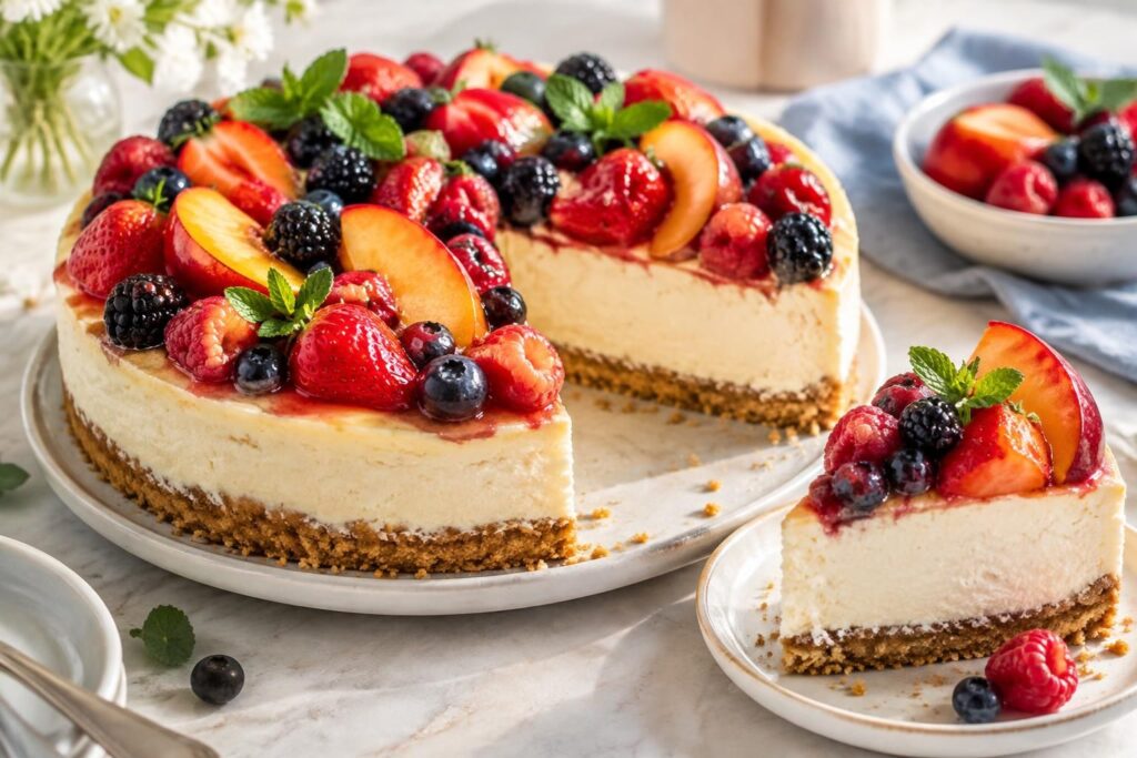 découvrez un cheesecake crémeux aux fruits frais, délicieusement léger et plein de fraîcheur, idéal pour un dessert gourmand en toute saison.