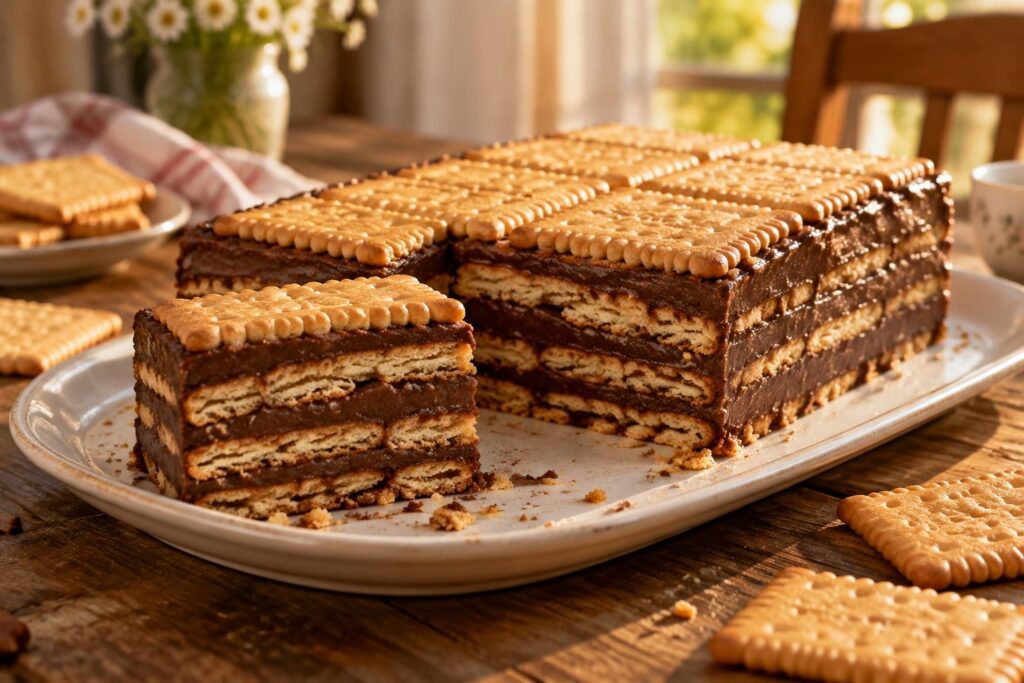 retrouvez le goût de l’enfance avec ce gâteau aux petits-beurre sans cuisson, facile à préparer et délicieusement réconfortant.